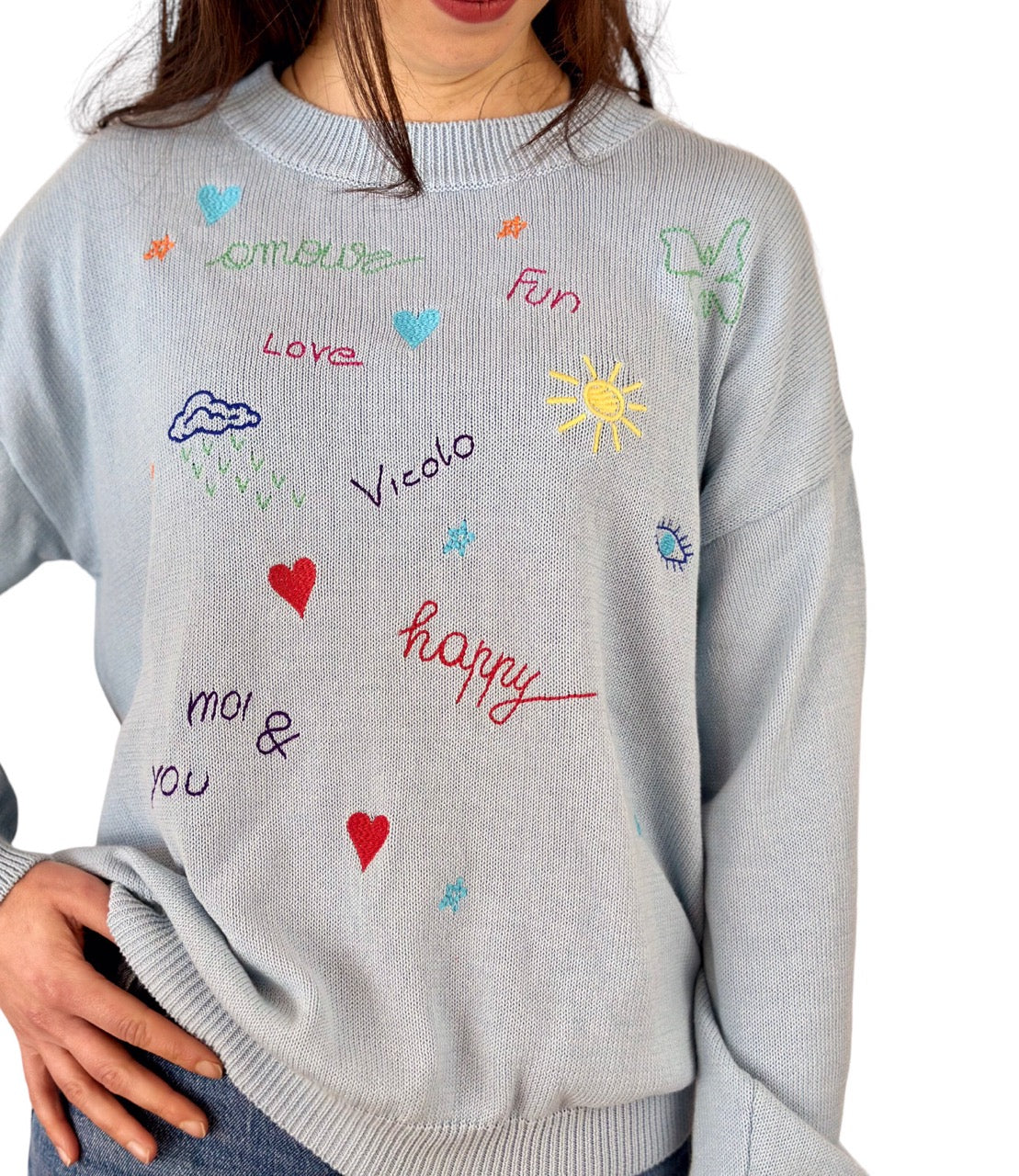 Vicolo light blue embroidered stamps cotton pullover