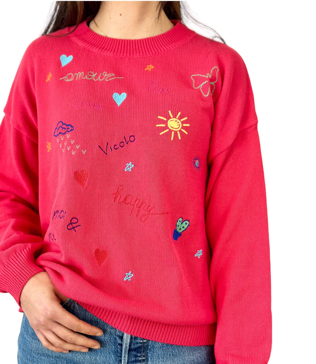 Vicolo raspberry embroidered stamps cotton pullover