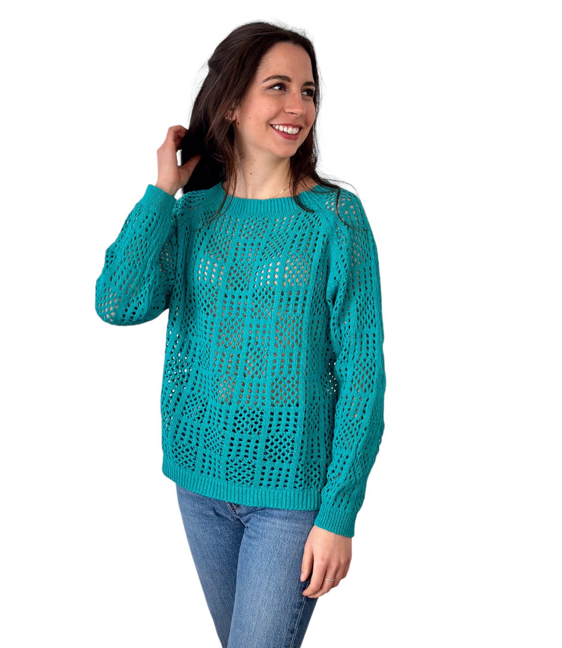 Please emerald perforated knit pullover