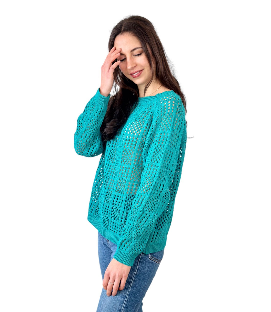 Please emerald perforated knit pullover